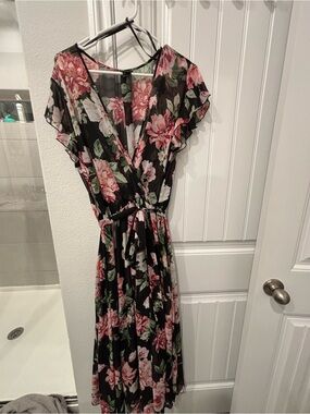 Black Floral Maxi Dress with Pink Roses - Wrap Style